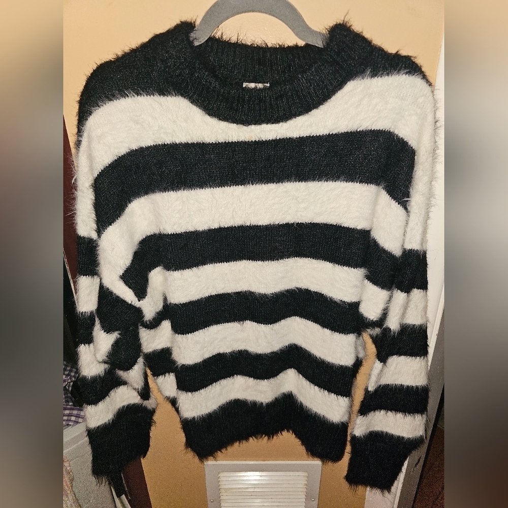 A New Day Fuzzy Black and White Striped Sweater. Size Medium Women’s